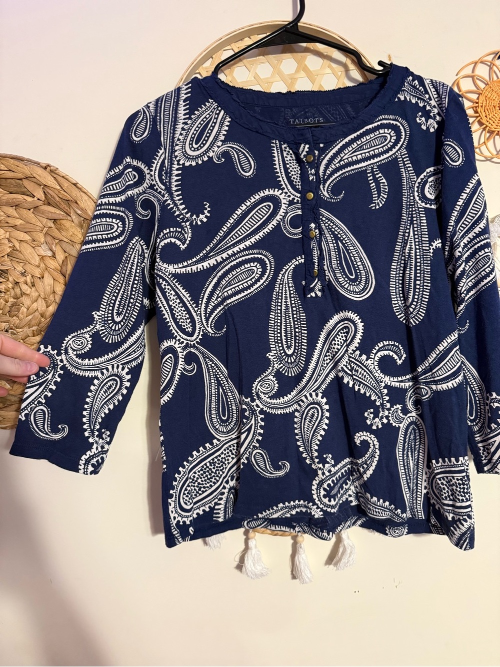 Talbots Navy Paisley Button-Front Tunic with Tassel Tie